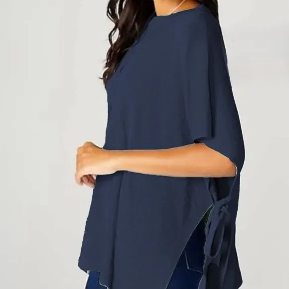 J Jill Linen Side-tie Sweater Poncho Navy Blue Knit One Size - Picture 2 of 6